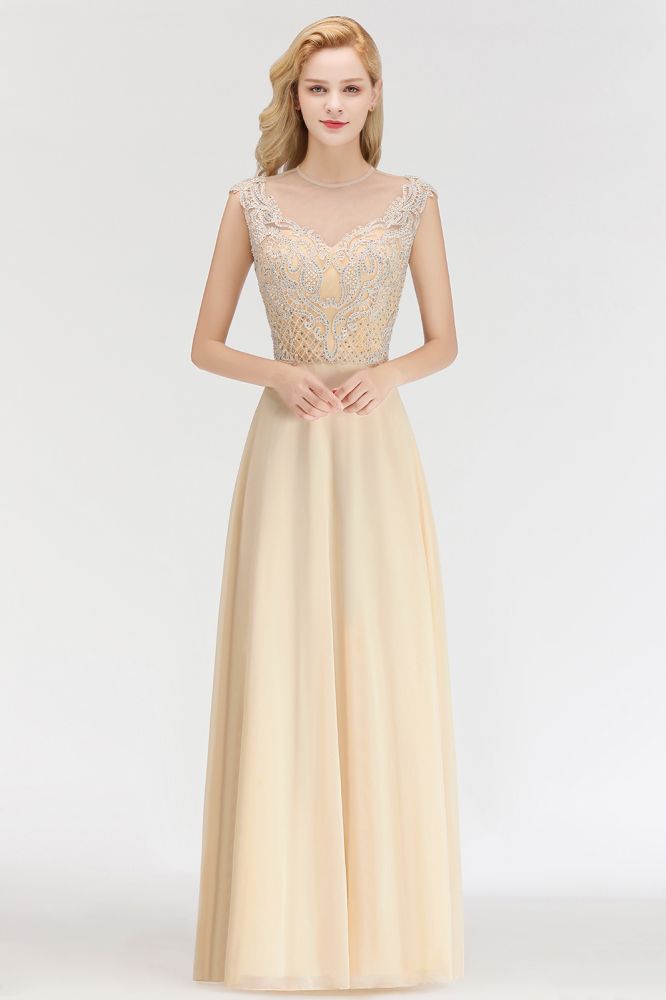 Champagne Sleeveless Elegant Crystal Bridesmaid Dresses Long Party Dress