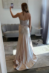 Champagne Sweetheart Beaded Top Satin Prom Dress With High Slit Formal Evening Gown