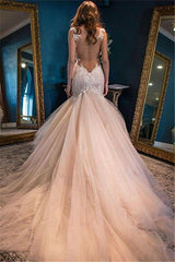 Champagne Tulle Wedding Dresses Spaghetti Straps Lace Sheer Back Bridal Dress