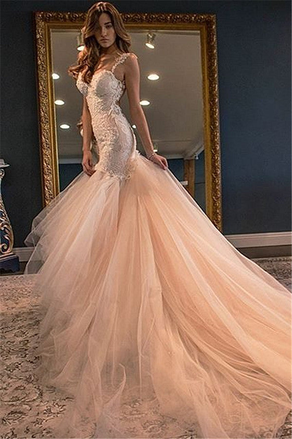 Champagne Tulle Wedding Dresses Spaghetti Straps Lace Sheer Back Bridal Dress | Suzhoufashion Champagne Tulle Wedding Dresses Spaghetti Straps Lace Sheer Back Bridal Dress | Suzhoufashion