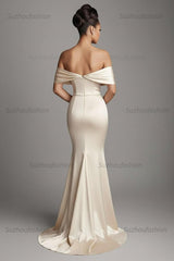 Champagne Wedding Guest Dress Satin Sheath Long Formal Dress