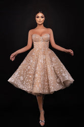 Champagne Wedding Guest Dress Sweetheart A Line Sequined Tulle Homecoming Dress
