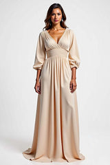 Champagne Wedding Guest Dress V-Neck A Line Ruched Long Formal Dress