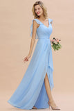 Charming Cap Sleeves Ruffle Chiffon Hi-Lo Bridesmaid Dress Elegant Wedding Party Dress