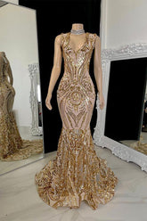 Charming Long V-neck Sleeveless Mermaid Prom Dress With Applique