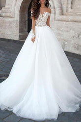 Charming Off The Shoulder White Tulle Backless Wedding Dresses With Lace Appliques