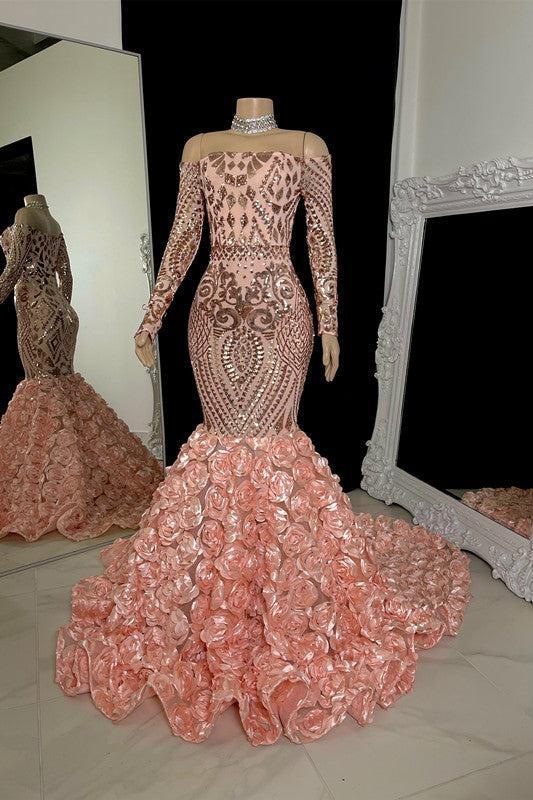 Charming Strapless Long Sleeves Mermaid Prom Dress With Flowers