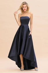 Charming Strapless Satin Navy Hi-Lo Eveing Party Gowns Party Dress