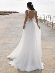 Charming V Neck A-Line Chiffon Tulle Lace Split Beach Wedding Dresses