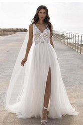 Charming V Neck A-Line Chiffon Tulle Lace Split Beach Wedding Dresses