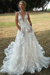 Charming V-Neck Flroal Sleeveless Aline Beach Wedding Dress