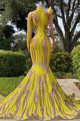 Charming Yellow High Neck Long Sleeve One Shoulder Mermaid Prom Dresses