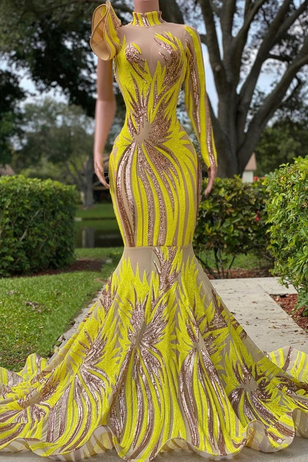 Charming Yellow High Neck Long Sleeve One Shoulder Mermaid Prom Dresses