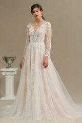 Chic A-line Tulle Lace Wedding Dress | Long Sleeves Ivory Bridal Gowns