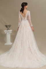 Chic A-line Tulle Lace Wedding Dress | Long Sleeves Ivory Bridal Gowns