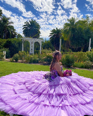Chic Ball Gown Strapless Spaghetti Straps Flowers Appliques Tiered Lavender Tulle Quinceanera Dress For Sweet 16