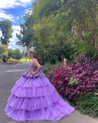 Chic Ball Gown Strapless Spaghetti Straps Flowers Appliques Tiered Lavender Tulle Quinceanera Dress For Sweet 16