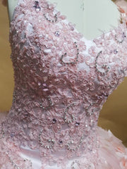 Chic Ball Gown V Neck Straps 3D Floral Lace Appliques Beaded Pink Tulle Princess Gown Quinceanera Dress For Sweet 16