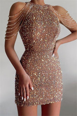 Chic Champagne Sequins Gold Jewel Neck Short Homecoming Dress With Beadings