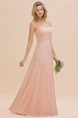 Chic Chiffon Straps Sleeveless Long Elegant Ruffles Bridesmaid Dress