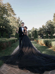 Chic Chiffon Sweetheart Long Sleeves Lace Black Split Wedding Dresses Long