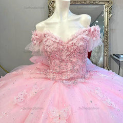 Chic & Cute Ball Gown Off Shoulder 3D Butterfly Lace Appliques Bow Knot Pink Tulle Quinceanera Dress Princess Party Gown For Sweet 16