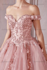 Chic & Cute Ball Gown Off Shoulder Sleeveless Beaded 3D Flower Appliques Lace Up Pink Tulle Quinceanera Dress Birthday Party Gown For Sweet 16
