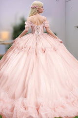 Chic & Cute Ball Gown Off Shoulder Spaghetti Straps Appliques Sequins Beaded Tiered Baby Pink Tulle Quinceanera Dress Birthday Party Dress For Sweet 16