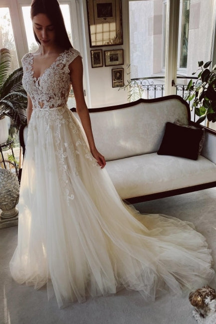 Chic Ivory A-Line Floor Length V-Neck Garden Lace Bridal Gowns