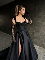 Chic Long Black Lace Sleeveless Prom Dresses With Split