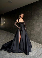Chic Long Black Lace Sleeveless Prom Dresses With Split