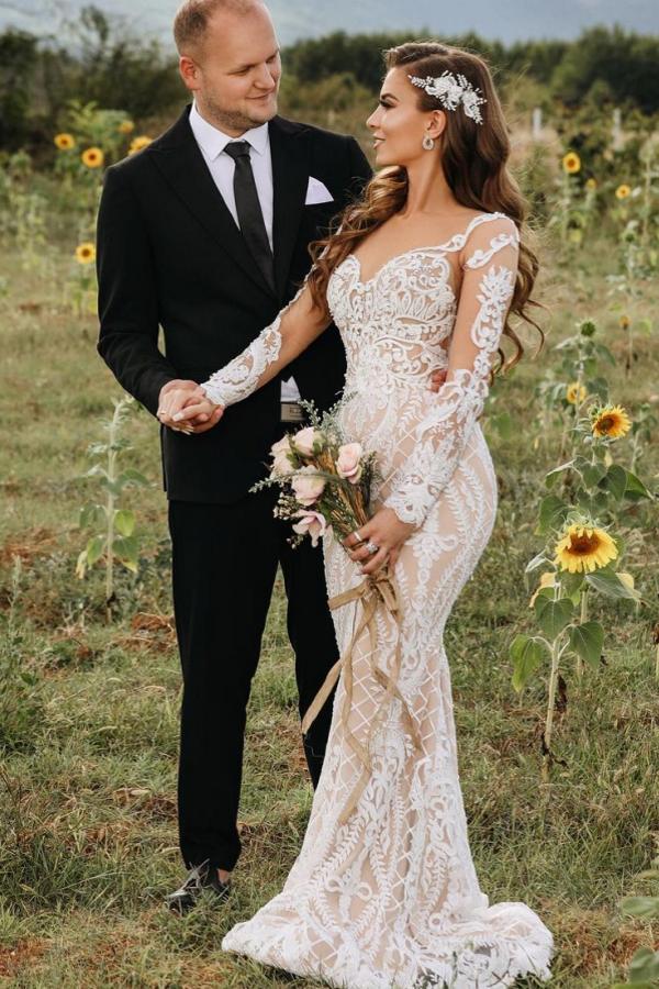Suzhoufashion Chic Long Sleeve Boho Beach Wedding Dress Mermaid Lace Bridal Gowns suzhoufashion Suzhoufashion Chic Long Sleeve Boho Beach Wedding Dress Mermaid Lace Bridal Gowns suzhoufashion