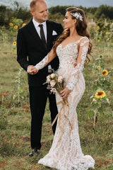 Chic Long Sleeve Boho Beach Wedding Dress Mermaid Lace Bridal Gowns