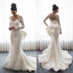 Chic Long Sleeve Mermaid Lace Beach Wedding Dress With Detachable Train