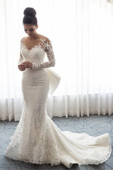 Chic Long Sleeve Mermaid Lace Beach Wedding Dress With Detachable Train