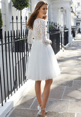 Chic Long Sleeves White Short Weddng Party Dress Tulle Ankle Length Simple Beach Bridal Dress