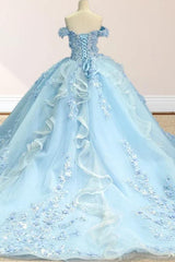 Chic & Modern Ball Gown Off Shoulder 3D Flower Appliques Lace Up Sweep Train Baby Blue Tulle Quinceanera Dress Birthday Party Dress For Sweet 16