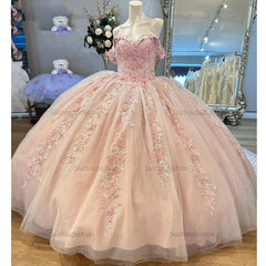 Chic & Modern Ball Gown Off Shoulder Flower Lace Appliques Baby Pink Tulle Quinceanera Dress Princess Birthday Party Gown For Sweet 16