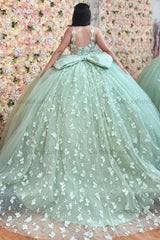 Chic & Modern Ball Gown Off Shoulder Sleeveless Pleated 3D Butterflies Appliques Big Bow Knot Mint Green Tulle Quinceanera Dress Birthday Party Dress For Sweet 16