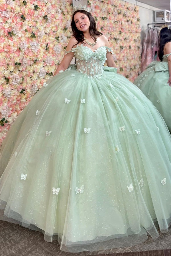 Chic & Modern Ball Gown Off Shoulder Sleeveless Pleated 3D Butterflies  Appliques Big Bow Knot Mint Green Tulle Quinceanera Dress Birthday Party  Dress 