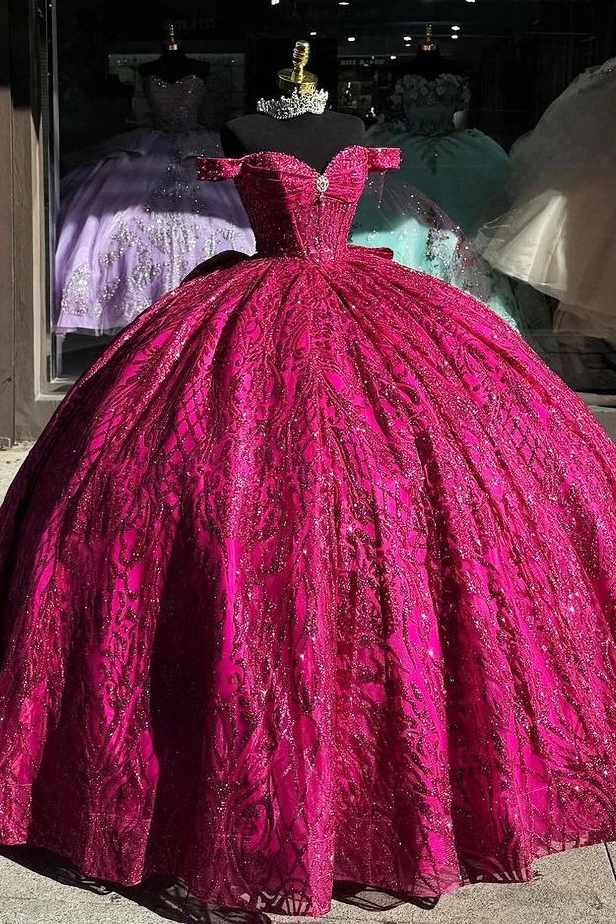Chic & Modern Ball Gown Off Shoulder Sweetheart Neck Hot Pink Tulle Quinceanera Dress Princess Evening Party Gown for Sweet 16 Dress Chic & Modern Ball Gown Off Shoulder Sweetheart Neck Hot Pink Tulle Quinceanera Dress Princess Evening Party Gown for Sweet 16 Dress