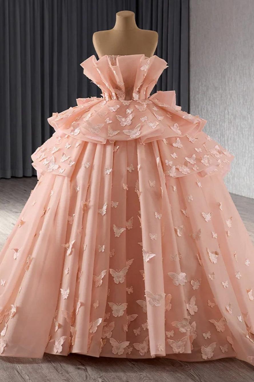 Chic & Modern Ball Gown Strapless 3D Butterfly Appliques Beaded Tiered Pink Tulle Princess Birthday Party Gown Quinceanera Dress For Sweet 16
