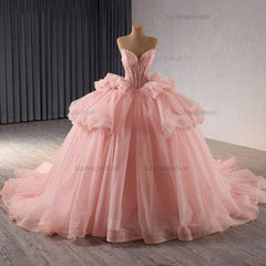Chic & Modern Ball Gown Strapless Detachable Sleeves Appliques Ruffle Tiered Bow Knot Pink Tulle Quinceanera Dress Princess Birthday Party Gown For Sweet 16