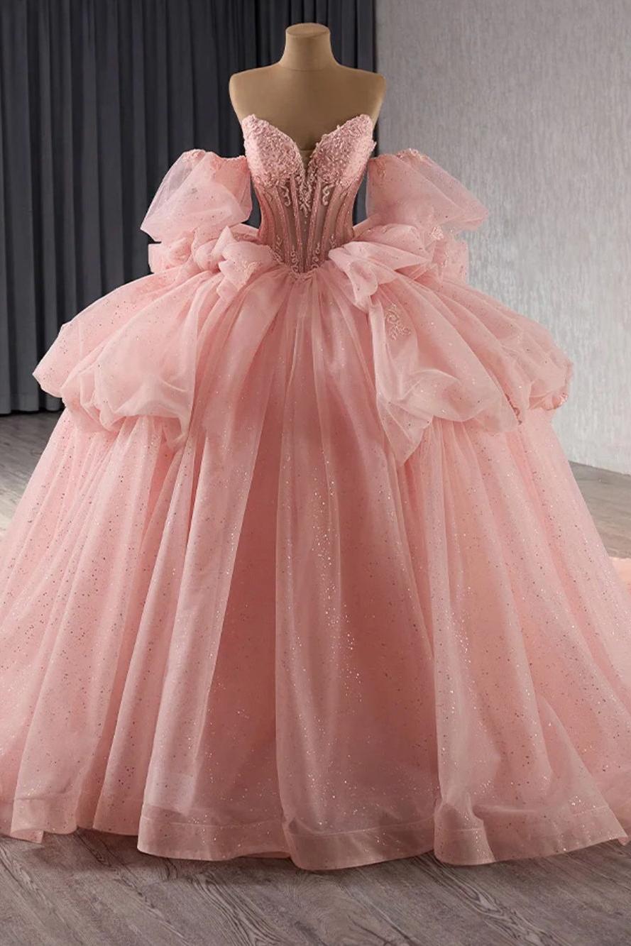 Chic & Modern Ball Gown Strapless Detachable Sleeves Appliques Ruffle Tiered Bow Knot Pink Tulle Quinceanera Dress Princess Birthday Party Gown For Sweet 16