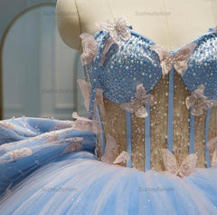 Chic & Modern Ball Gown Sweetheart Neck 3D Butterfly Lace Applique Beaded Sky Blue Tulle Quinceanera Dresses Princess Birthday Party Gown For Sweet 16