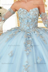 Chic & Modern Ball Gown Sweetheart Neck Detachable Long Bell Sleeves 3D Flower Appliques Lace Up Sky Blue Tulle Quinceanera Dress Formal Evening Party Gown For Sweet 16