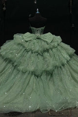 Chic & Modern Ball Gown Sweetheart Neck Lace Up Bow Knot Tiered Beaded Sequins Appliques Mint Green Sparkly Tulle Quinceanera Dress Birthday Party Gown For Sweet 16