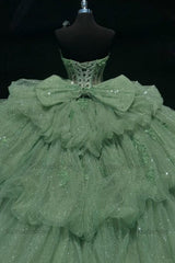 Chic & Modern Ball Gown Sweetheart Neck Lace Up Bow Knot Tiered Beaded Sequins Appliques Mint Green Sparkly Tulle Quinceanera Dress Birthday Party Gown For Sweet 16