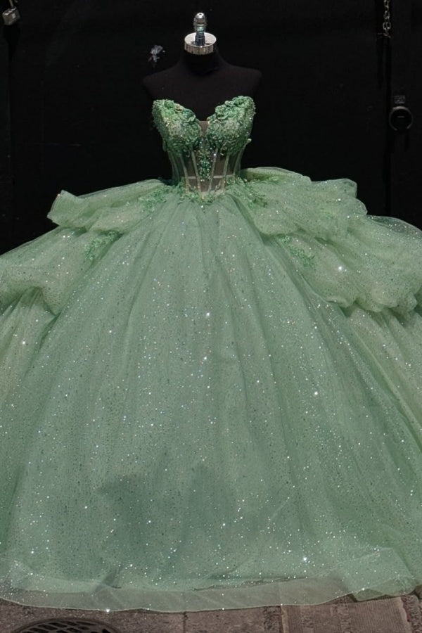 Chic & Modern Ball Gown Sweetheart Neck Lace Up Bow Knot Tiered Beaded Sequins Appliques Mint Green Sparkly Tulle Quinceanera Dress Birthday Party