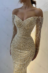 Chic Off-the-Shoulder Long Sleeves Prom Dress Mermaid Pearls With Beads